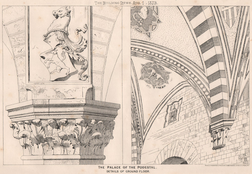 The Palace of the Podestat; details of ground floor. Florence 1873 old print